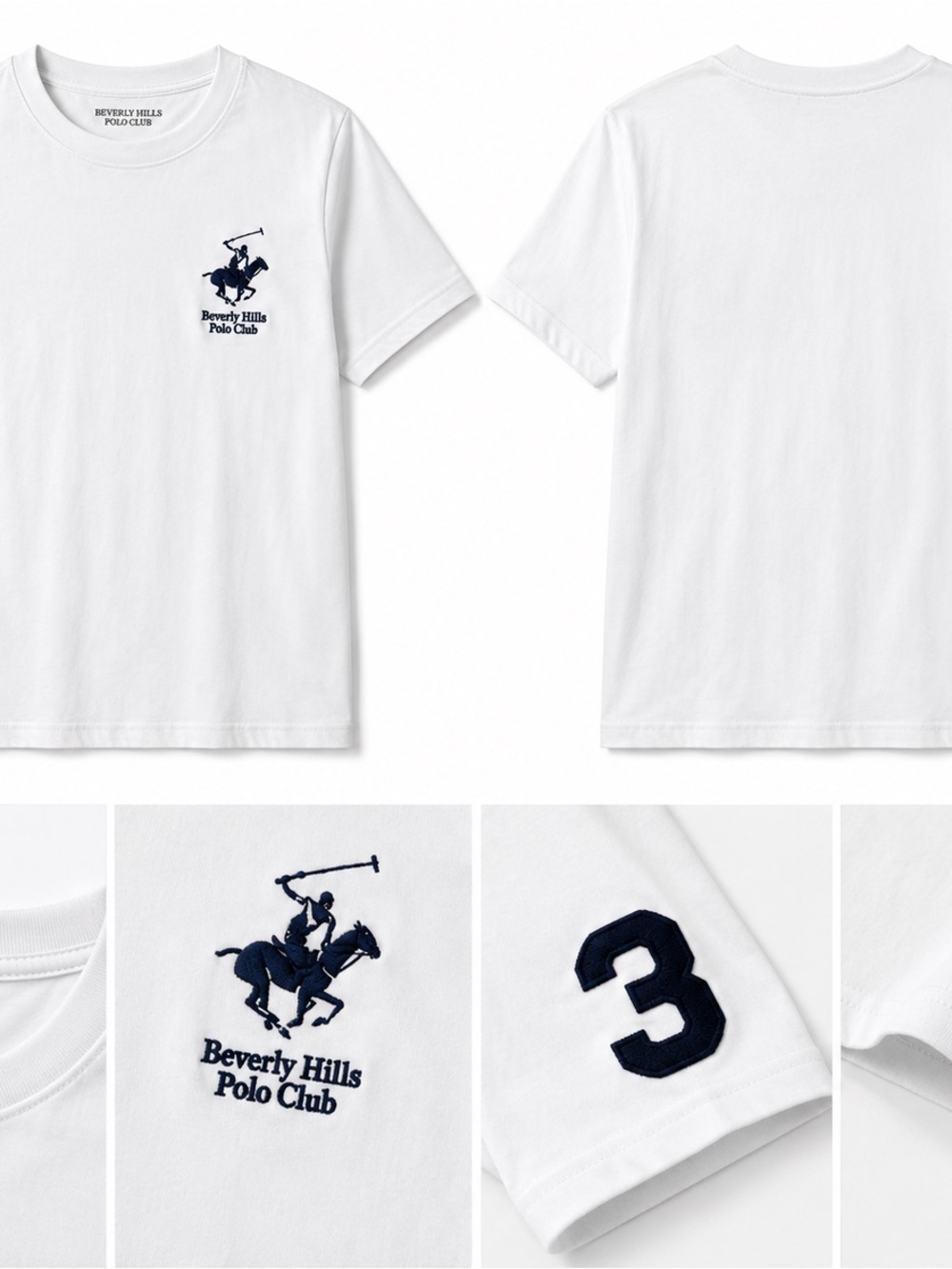 Beverly Hills Polo Club White Short-Sleeve Tee with Navy Logo & Sleeve Number